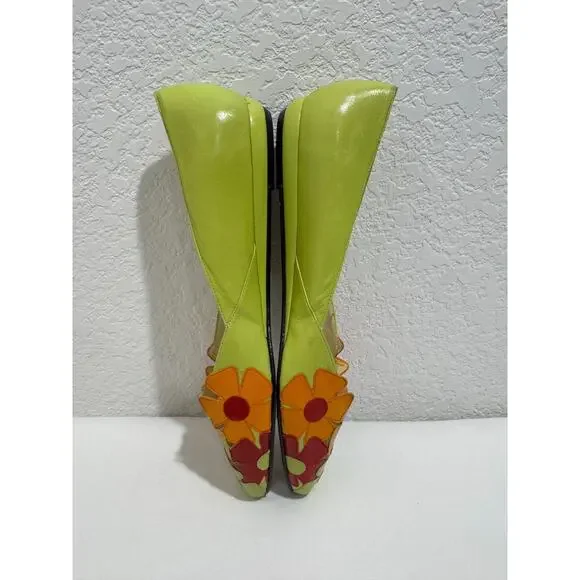 Vintage Y2K Womens Shoes 9M Leather Bright Floral Pointed Toe Lime Green Spain - Picture 8 of 9